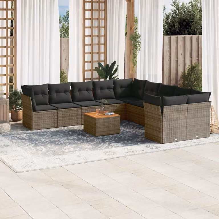 vidaXL Set Divani da Giardino 11 pz in Polyrattan Grigio con Cuscini e Tavolino da Esterno