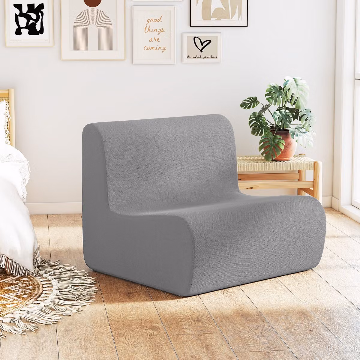 Poltrona sacco Costway in velluto grigio con supporto ergonomico per adulti, divano pigro moderno da lettura per soggiorno
