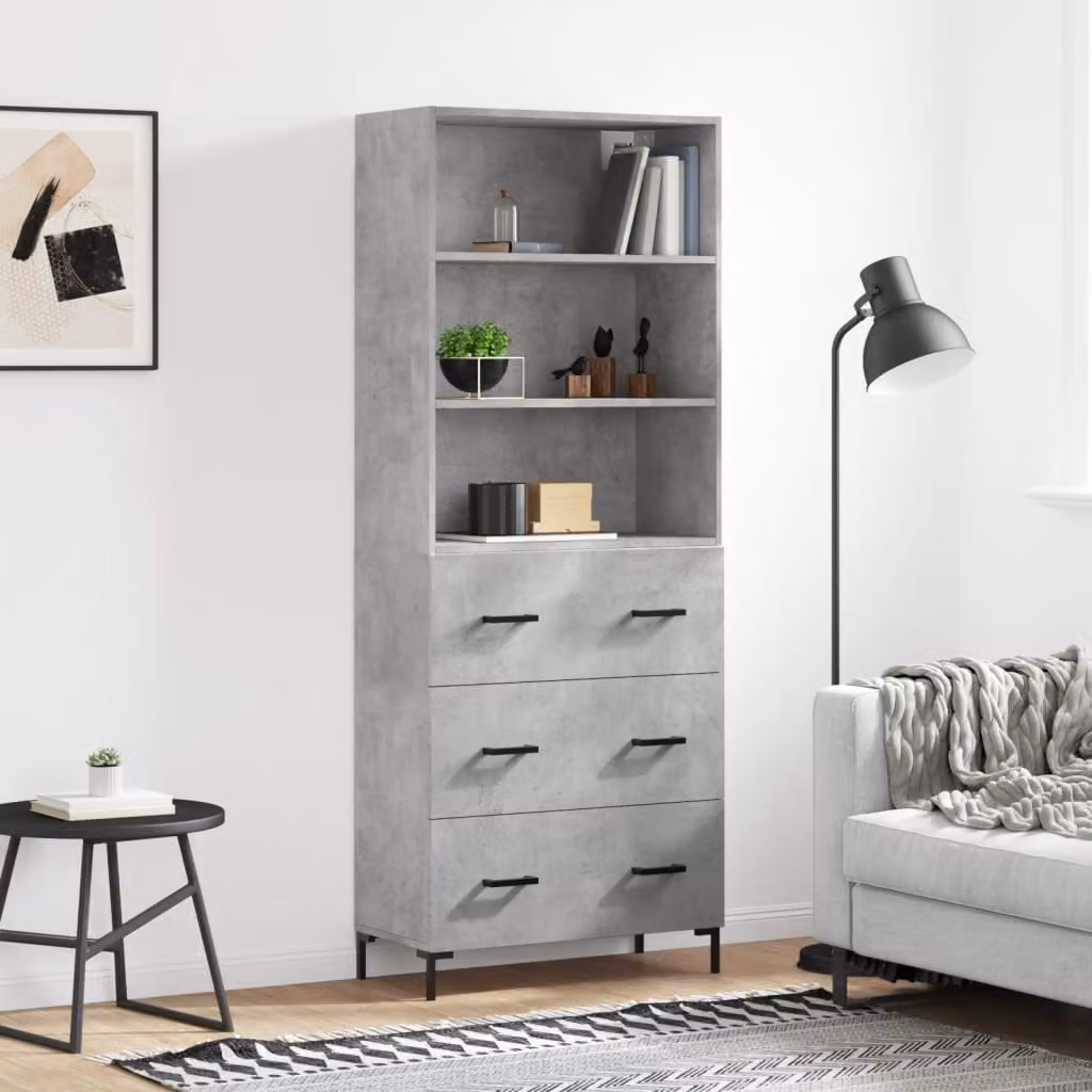 Credenza moderna vidaXL in legno e metallo, Grigio Cemento, L: 69,5 cm, P: 34 cm, H: 180 cm