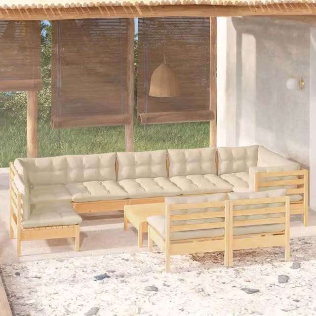 Set di divani da giardino vidaXL a forma di U in legno di pino massello con cuscini beige, composto da 10 pezzi con elementi angolari e pouf
