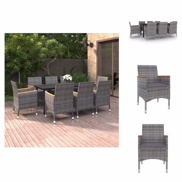 vidaXL Set da pranzo da giardino 9 pezzi con cuscini in poly rattan e vetro - Set di mobili da giardino