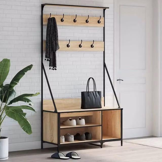 Appendiabiti con porta scarpe vidaXL in legno e metallo colore rovere, L 100 cm x P 41 cm x H 184 cm