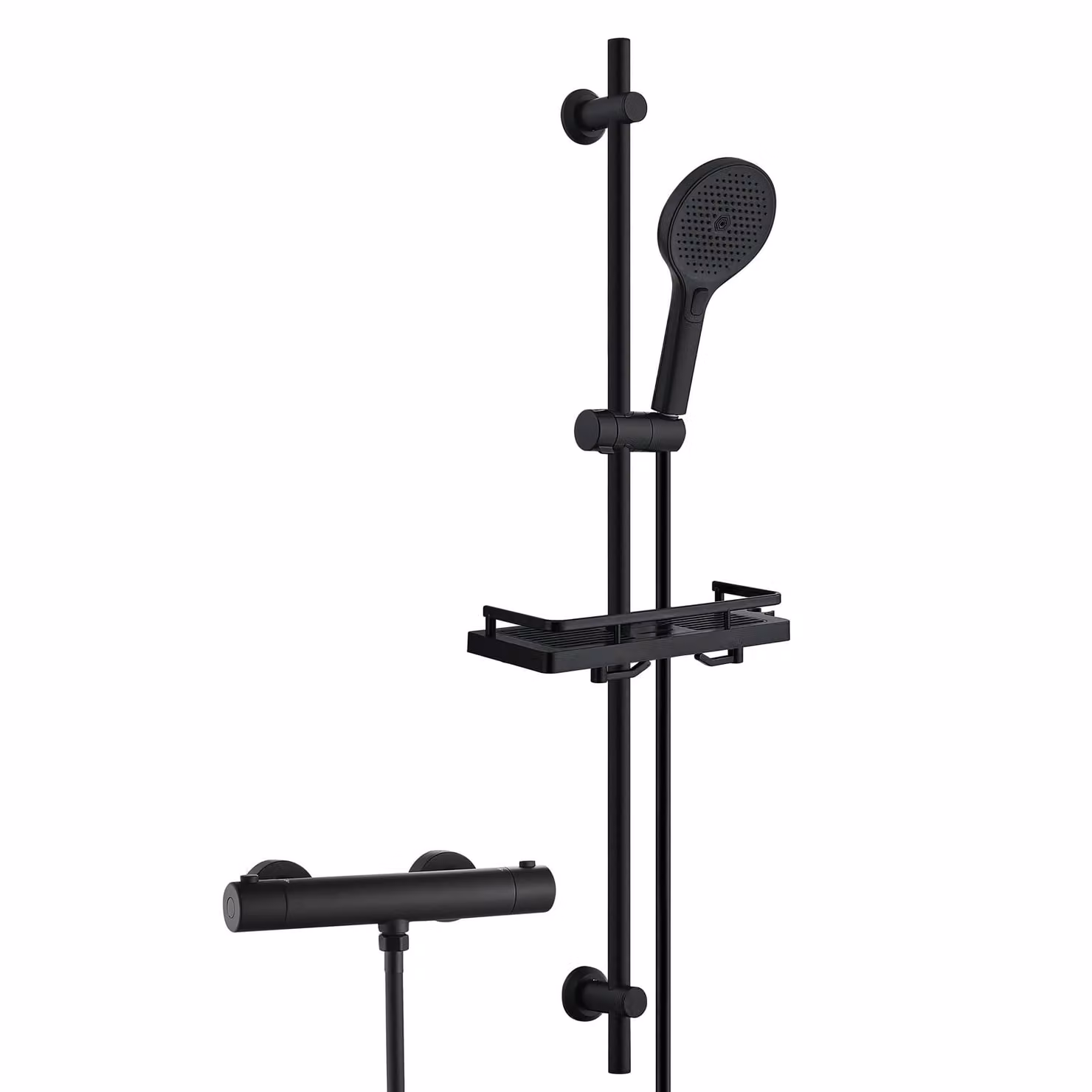 Sistema doccia in acciaio inossidabile JOHO con rubinetteria, set con barra doccia, termostato, doccetta, flessibile e barra doccia da 100 cm con ripiano, nero
