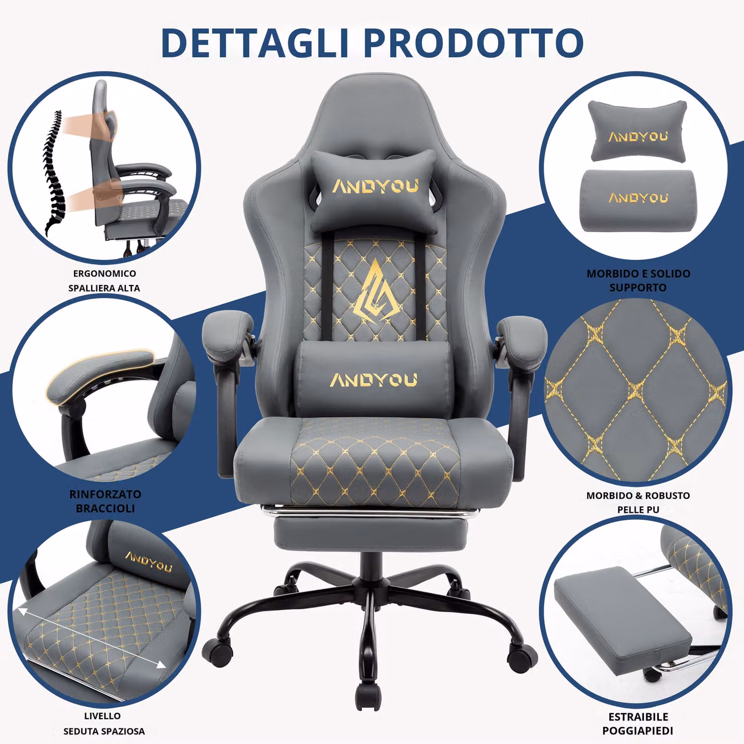 Sedia da gaming Outsunny Grigia con poggiatesta e braccioli, L/P/H: 60 x 60 x 122 cm – 2