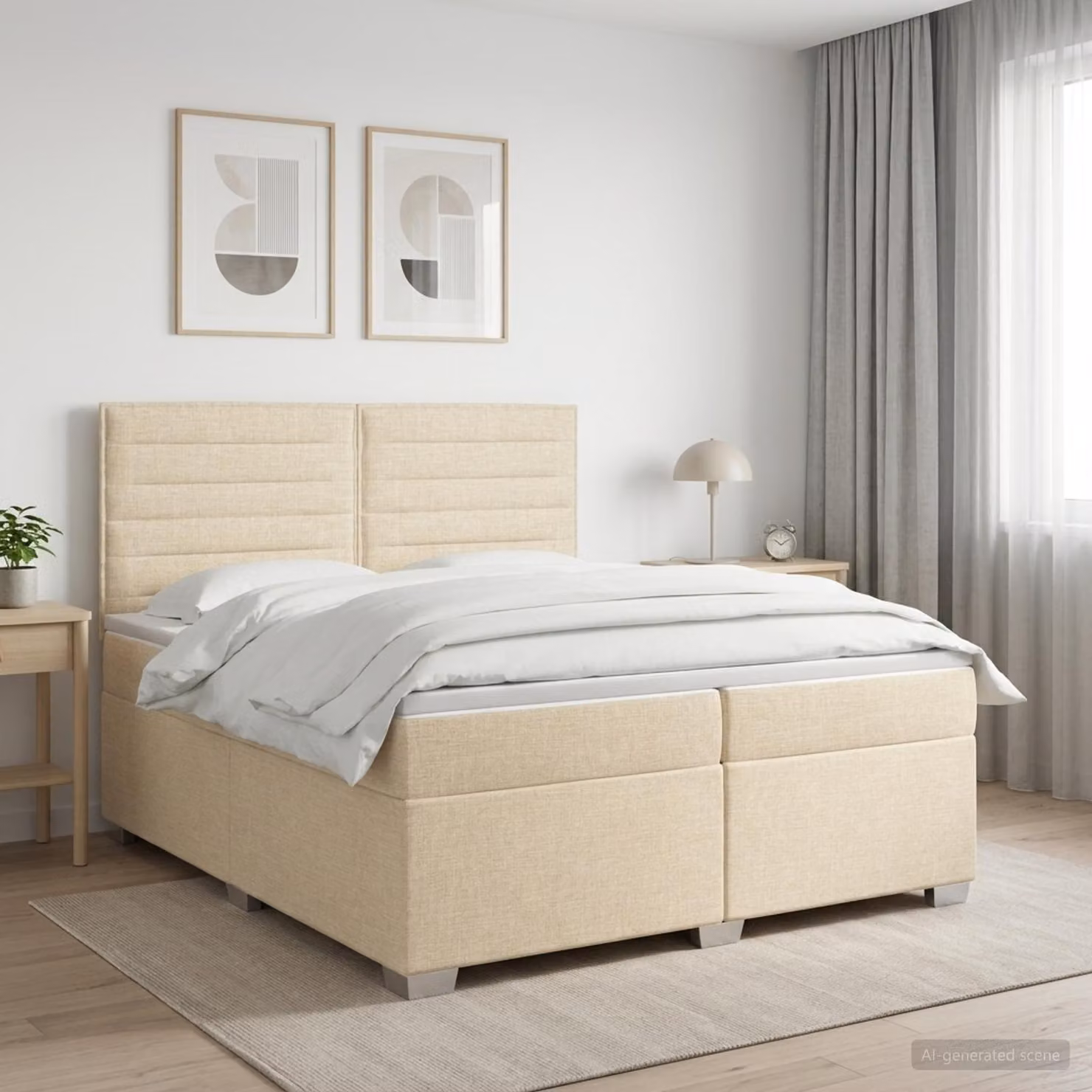 Letto box spring con materasso ibrido vidaXL in tessuto beige, L/P/H: 200 x 200 x 140,5 cm
