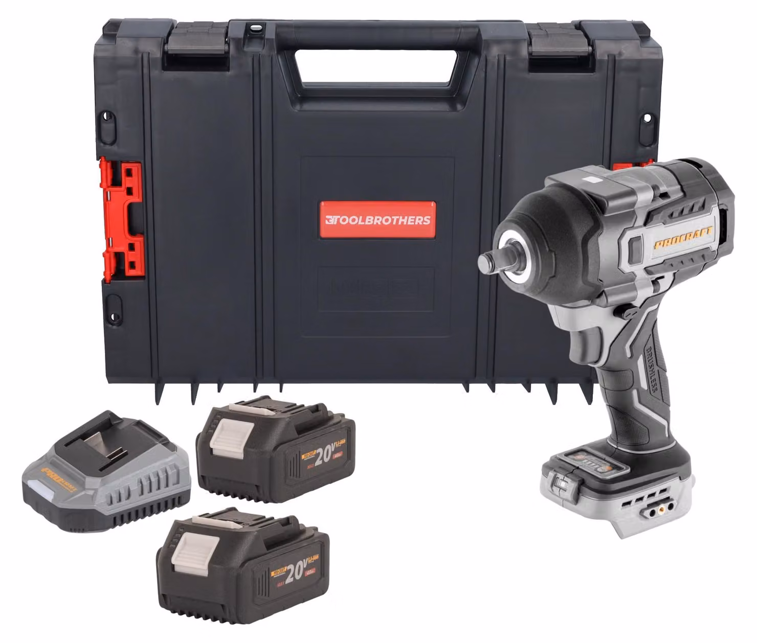 Avvitatore a impatto a batteria ProCraft Industrial IW850A-BB 20 V 850 Nm 1/2" senza spazzole + 2 batterie da 4,0 Ah + caricabatterie + valigetta RHINO