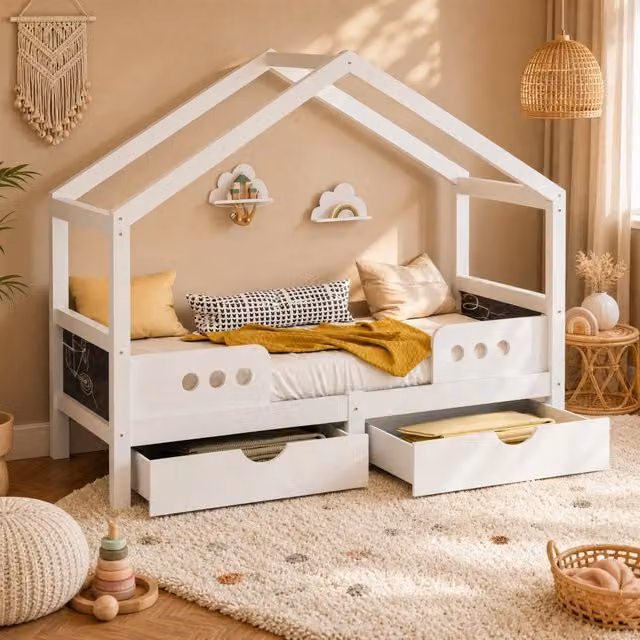 Letto a casetta 90 × 200 cm con 2 cassetti; lavagna e struttura in legno bianco portata fino a 120 kg