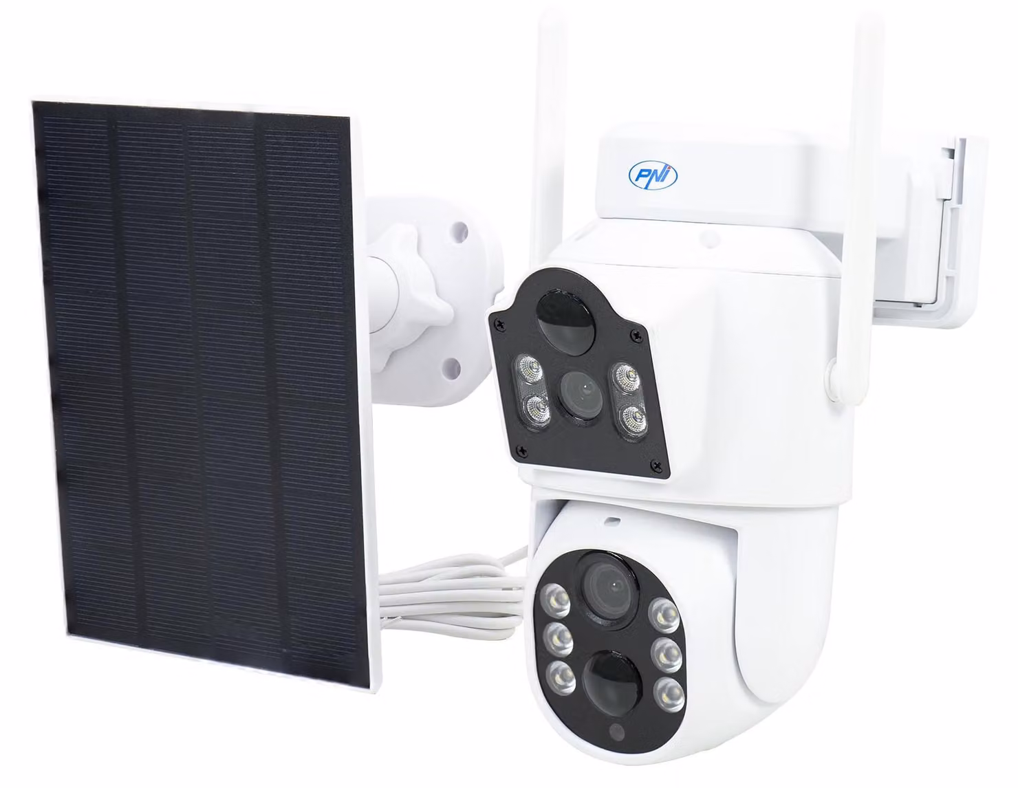 Telecamera IP per videosorveglianza PNI, modello IP792, con doppia lente da 2 MP + 2 MP, pannello solare da 3 W, i