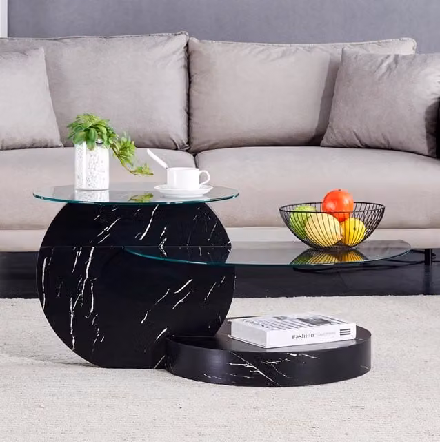 Tavolino da caffè 89,9x69,9x43,2 cm nero e trasparente, 2 livelli, MDF e vetro