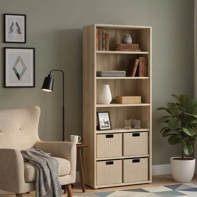 Libreria Armon DMORA in legno color quercia, mobile porta libri moderno per ufficio o soggiorno, L 89 cm x P 40,1 cm x H 221,7 cm