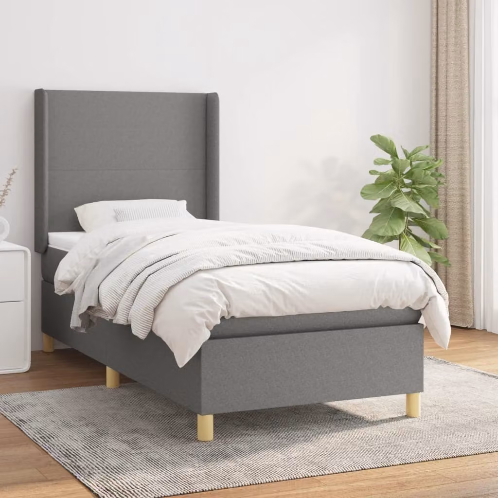 The Living Store Letto a molle con materasso grigio scuro 90x190 cm in tessuto