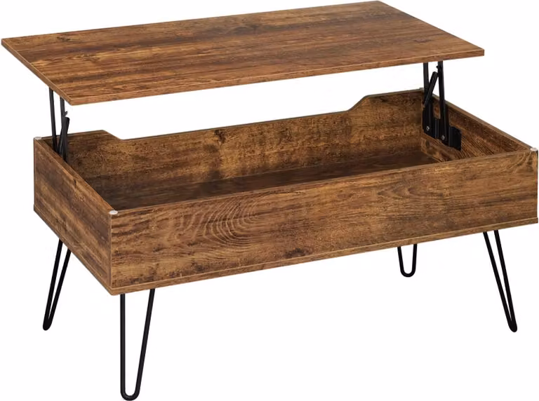 Tavolino - Piano ribaltabile - Vano contenitore nascosto - Dimensioni interne 91,5×15×46,5 cm - Legno di pino - Rettangolare - Legno vintage - Kaki scuro