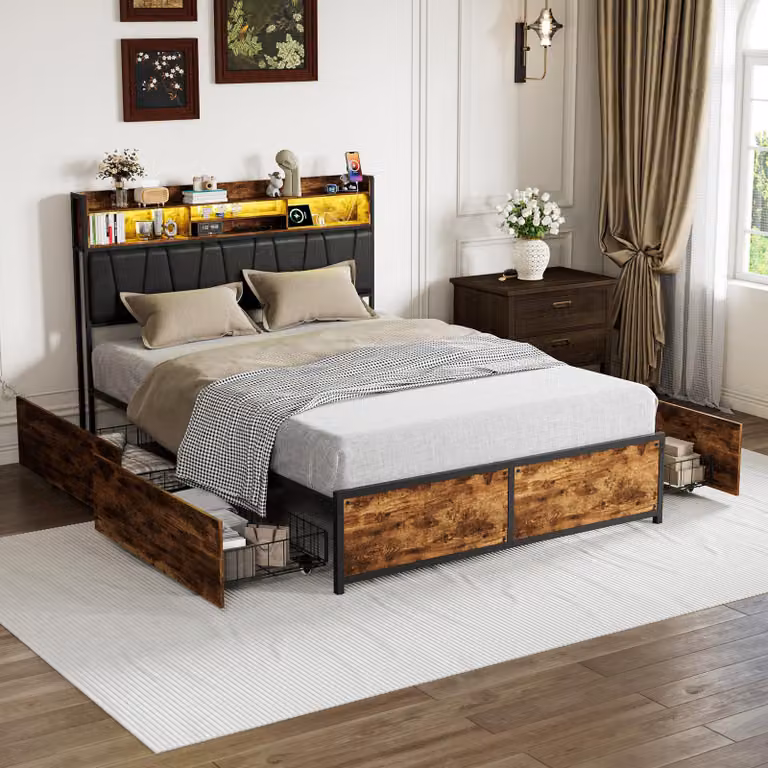 Letto imbottito 140x200 cm con 4 cassetti, dotato di spazio contenitivo, testiera, connessioni USB e Type-C, illuminazione LED, struttura in metallo, schienale imbottito, letto matrimoniale per ragazzi, stile vintage, colore marrone e nero