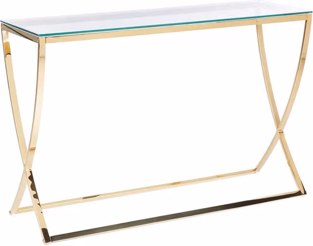 Tavolo consolle Beliani in stile glamour con piano in vetro oro lucido e struttura in metallo, L: 120 cm, P: 40 cm, H: 80 cm