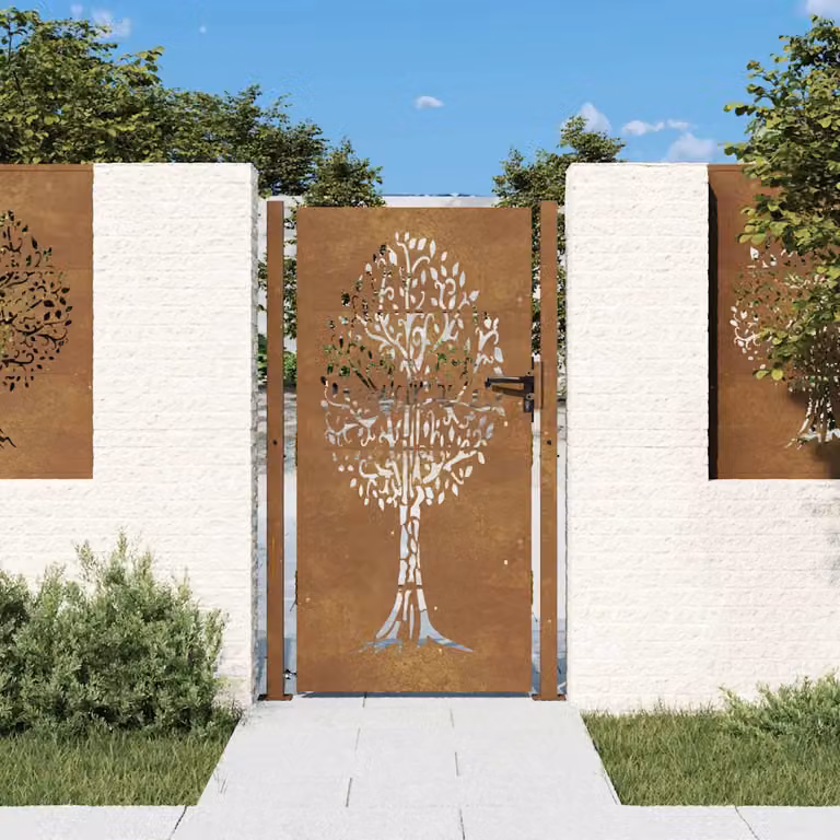 Cancello da giardino singolo vidaXL in acciaio Corten marrone con design ad albero L: 110 cm, H: 175 cm