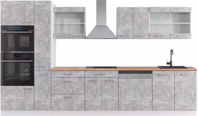 Mobile da cucina Vicco R-Line Calcestruzzo e Bianco con armadio alto e dettagli in Rovere L: 350 cm, P: 60 cm, H: 246,8 cm