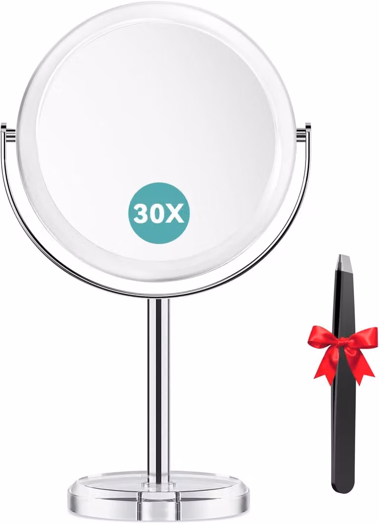 Specchio da trucco, specchio a due facce con ingrandimento 1X/30X, specchio da tavolo da appoggio, girevole a 360°, con specchio da viaggio removibile per il trucco