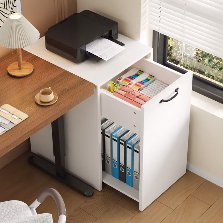 Armadio portadocumenti bianco con ruote, carrello contenitore con cassetto, montabile su entrambi i lati, adatto per ufficio e libreria