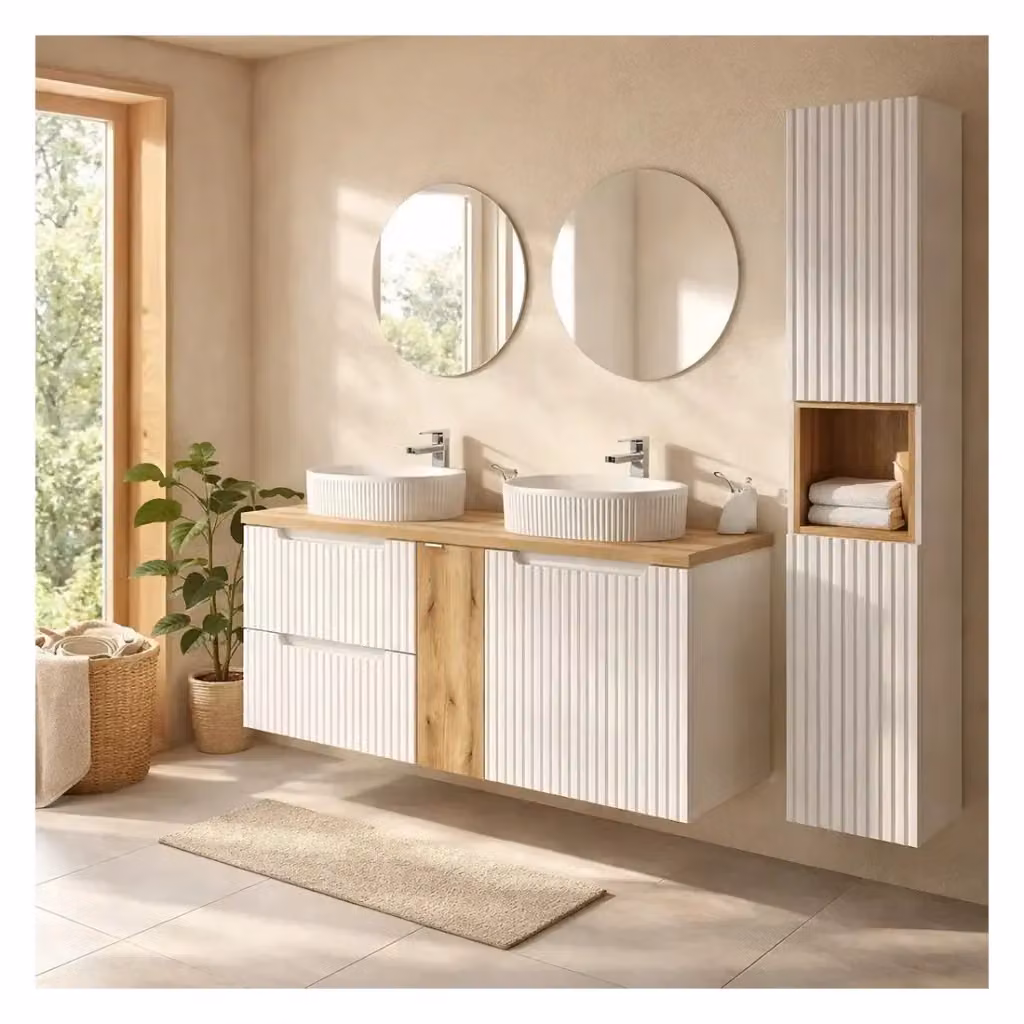 Set mobile bagno Meublorama bianco con mobile sottolavabo, cassetti, armadietti, colonna e due lavabi da appoggio scanalati L: 170 cm – 2