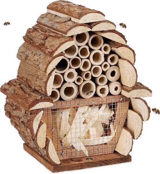 Unyqoos® Albergo per insetti – Struttura per nidi di api selvatiche, bombi e insetti utili, 2 compartimenti, dimensioni 20,5 x 17,5 x 11 cm, materiale naturale, ideale per giardino e balcone