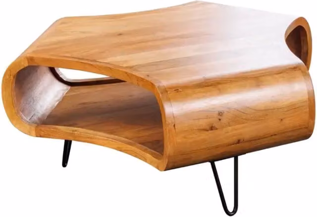 Tavolino basso NERA 90 cm in legno massiccio di acacia con nicchia e piedi in metallo nero – stile retrò industriale