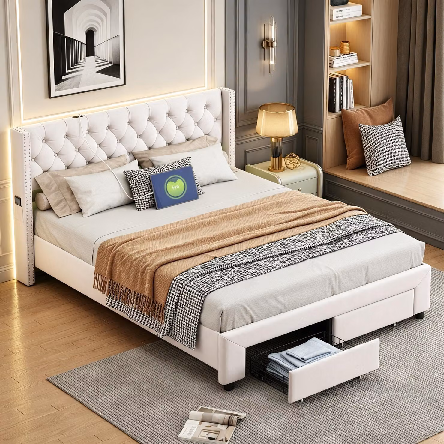Letto imbottito INONEFT, 140x190 cm, con contenitore e rete a listelli, letto matrimoniale con LED e USB, dotato di 2 cassetti, testiera decorata con borchie, rivestito in velluto, colore beige