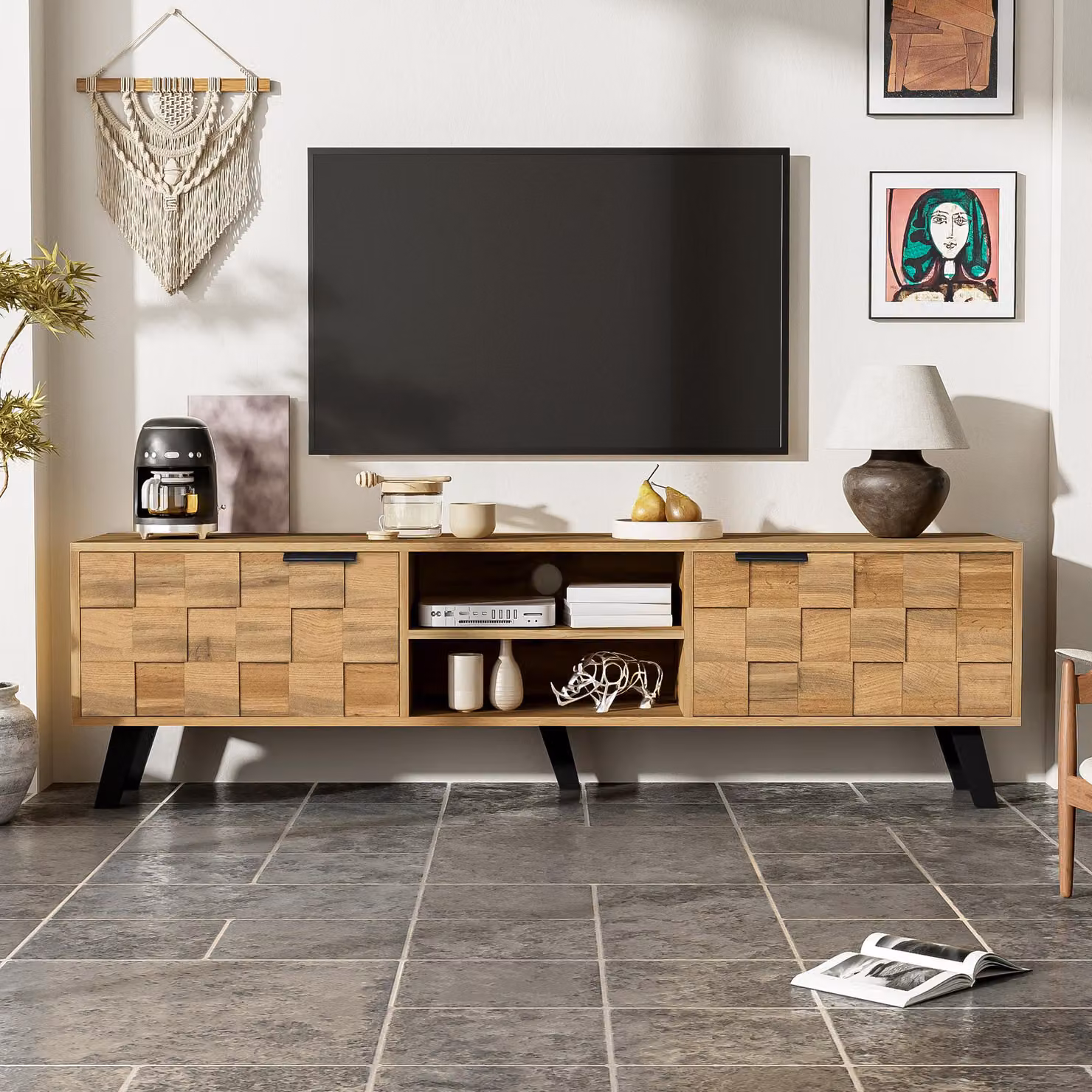 Mobile porta TV moderno GL Store con 2 ante e 2 vani a giorno, colore beige e marrone, L 160,5 x P 35,5 x H 45 cm – 2
