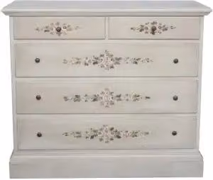 Comò 3+2 cassettoni in legno, Shabby chic colore bianco anticato decorato a mano