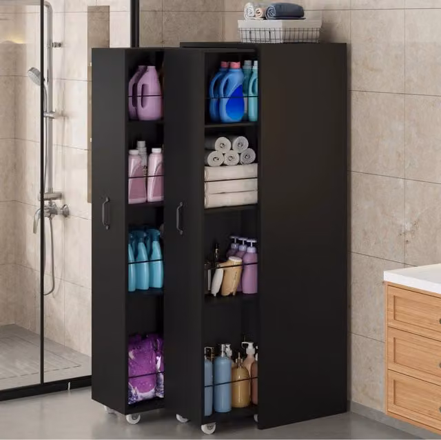 Libreria allungabile su ruote in MDF; 4 ripiani per modulo; 51;5 × 41 × 158 cm; nera
