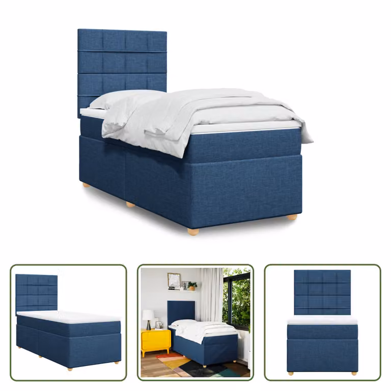 The Living Store Letto a molle con materasso blu 100x200 cm in tessuto