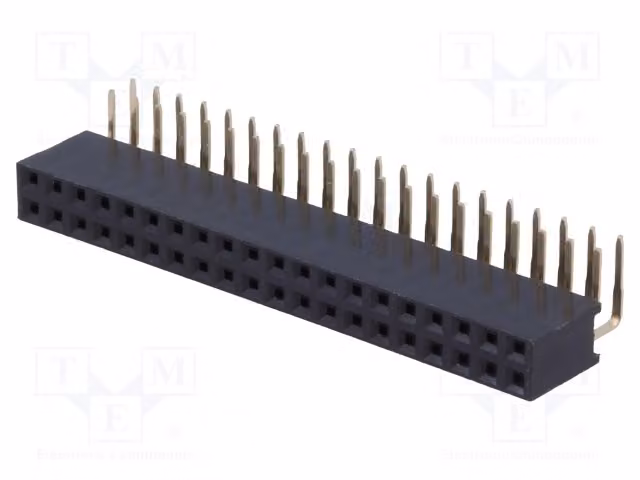 Connettore; piedino; femmina; PIN: 40; con angolo di 90°; 2,54 mm; per montaggio su circuito stampato; 2 file da 20 connettori a piedino e connettori femmina DS1024-2*20