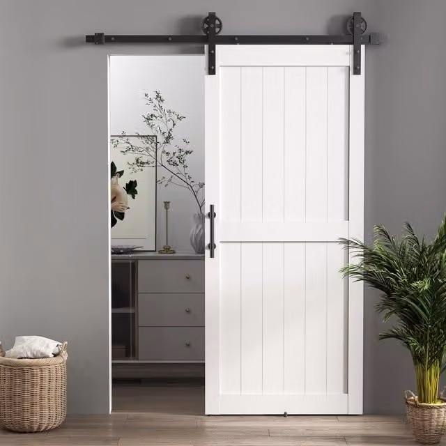 Porta Scorrevole in Stile Country con Binario e Maniglia in Legno e Acciaio, Bianco e Nero, H: 213.4 cm, L: 91.5 cm, P: 12.0 cm
