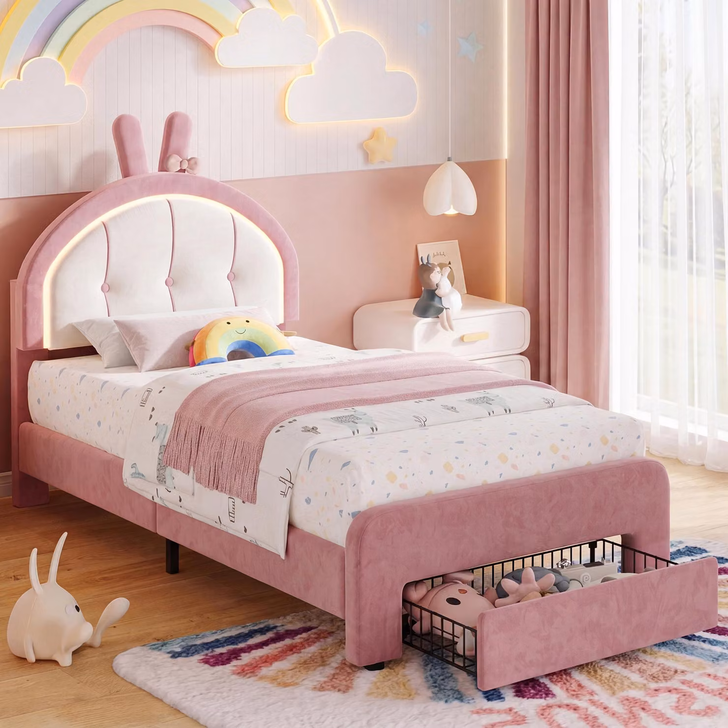 Letto per bambini 90x200 cm con cassetto, letto imbottito con testiera a forma di coniglio, sistema RGB, regolabile in altezza, rivestito in velluto rosa, letto per adolescenti con rete a doghe, fino a 150 kg