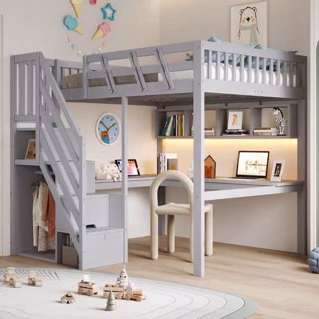 Letto a soppalco - 140 x 200 cm - con scrivania - spazio contenitivo - presa USB - luce a LED - letto per bambini - grigio