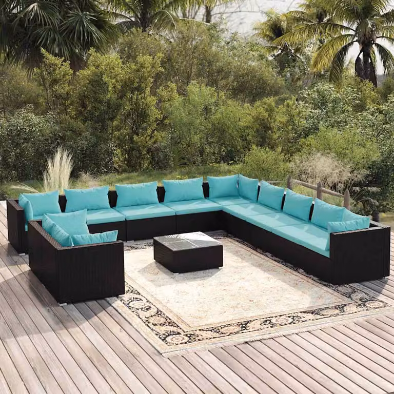Set Divani da Giardino vidaXL a forma a U con Cuscini Blu e Tavolino da Esterno Nero in Polyrattan e Metallo