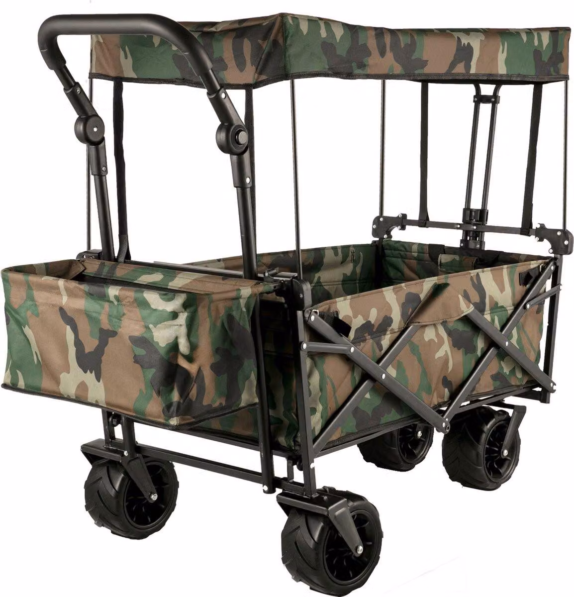 Carrello pieghevole da giardino con copertura - Capacità di carico: 100 kg - Ruote girevoli a 360 gradi - Mimetico