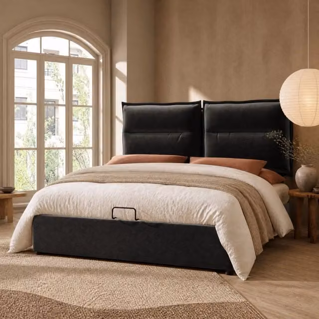 Letto contenitore Mivray in velluto nero con testiera regolabile e sistema di sollevamento idraulico L/P/H: 140 x 200 x 113 cm – 1