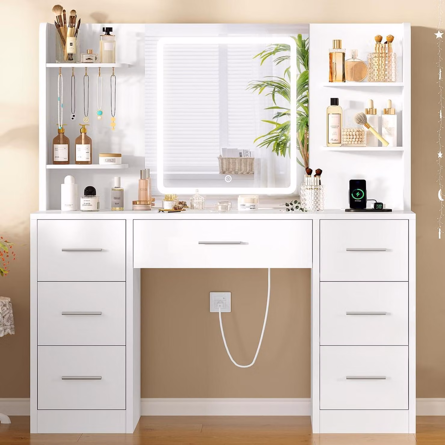 Comò da trucco con illuminazione a LED, specchio, prese di corrente e 7 cassetti, colore bianco