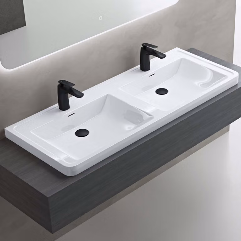 doporro Lavabo da Appoggio, Lavandino Bagno 120x48x14,5cm, Lavabo da Minerale Fuso Colossum08, Bianco lucido