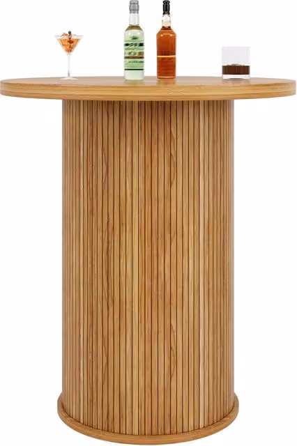 Mobile bar rotondo con 4 ripiani interni e anta scorrevole; piano in MDF; per soggiorno o zona bar; 60×60×91.6 cm