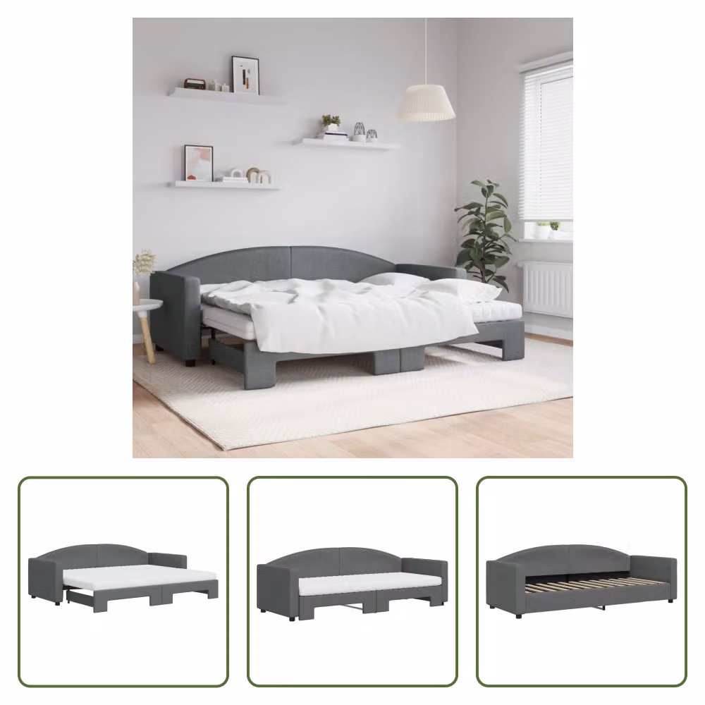 The Living Store Letto da giorno allungabile con materassi grigio scuro 80x200 cm in tessuto