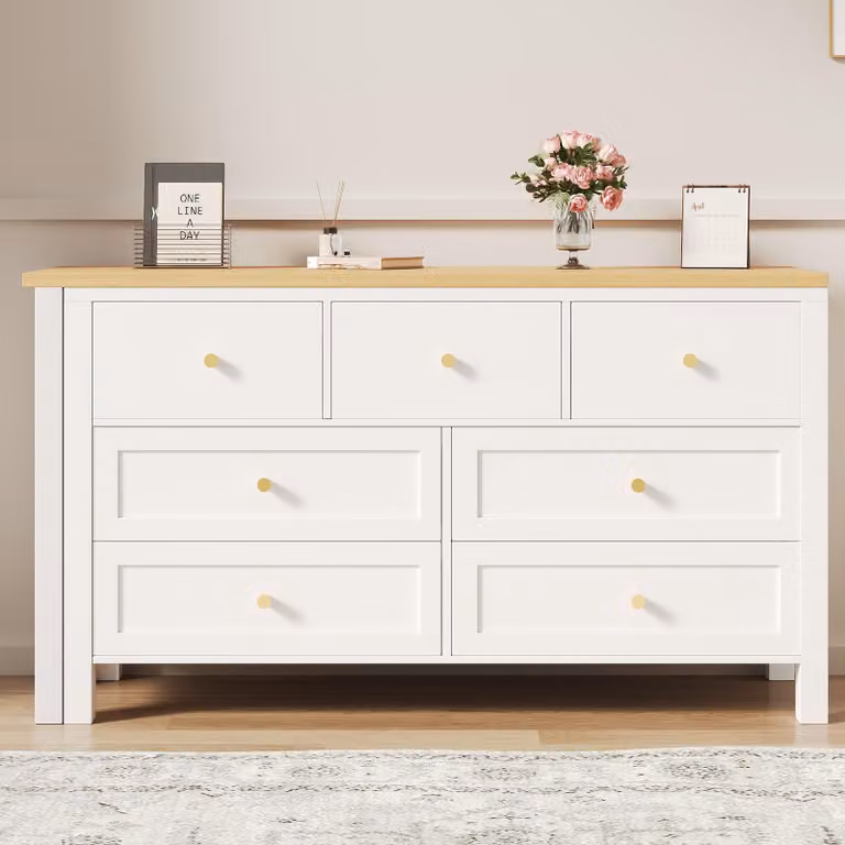 OKWISH Scrivania ad angolo con 7 cassetti e piano girevole a 360°, tavolo per laptop in finitura rovere, scrivania a L con cassettiera in legno bianco e naturale