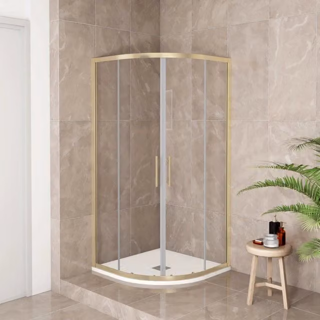 Box Doccia Semicircolare 90X90 cm H.190 Oro Spazzolato Porta Scorrevole Vetro 6 mm Trasparente Anticalcare, Piatto Doccia Bianco
