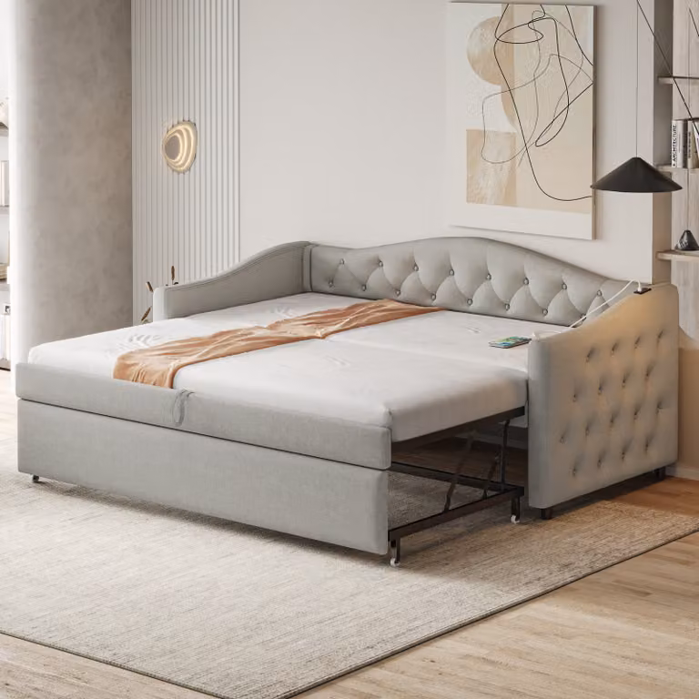 STILVORA Divano letto estraibile 90x200 cm/180x200 cm, lettino per bambini con rete a doghe in legno, forma classica con bottoni, senza materasso, grigio chiaro (tessuto di lino)