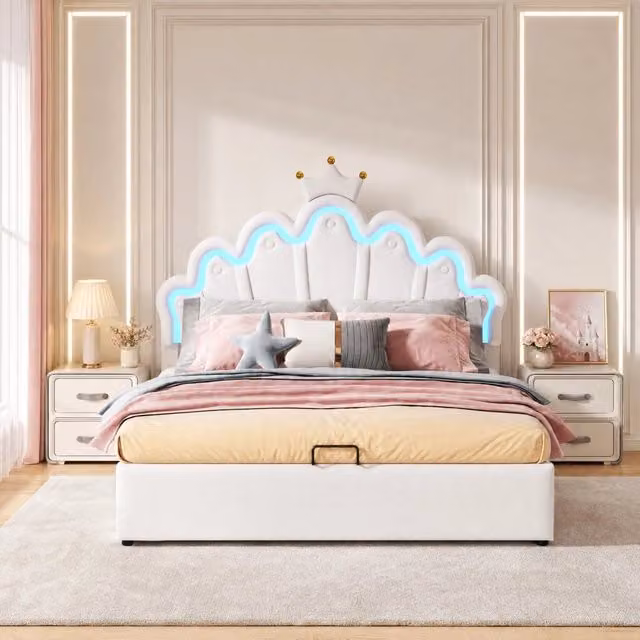 Letto matrimoniale imbottito ULEVR 140x200 cm con contenitore idraulico, LED regolabile via app, bianco
