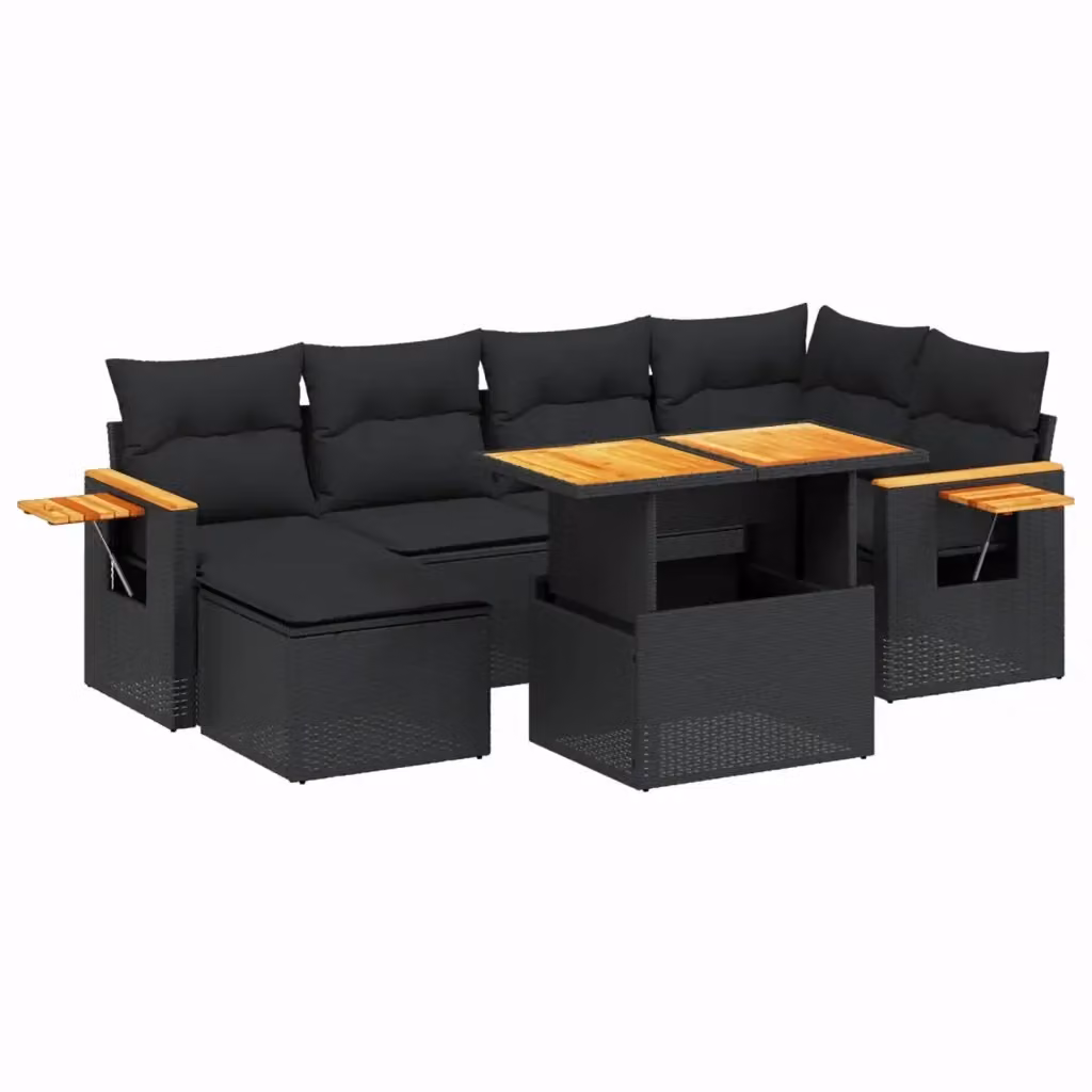 vidaXL Set Divani da Giardino a L con Cuscini 7pz Nero in Polyrattan e Legno di Acacia – 2