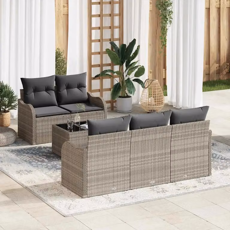 Set Divano da Giardino vidaXL a forma a U composto da 6 pezzi con tavolino, colore grigio, ideale per giardino, balcone o terrazza