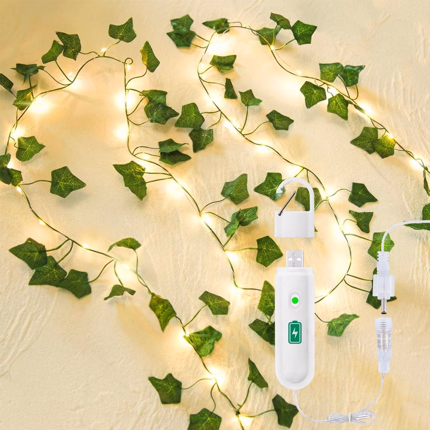 Catena luminosa a forma di edera artificiale, lunghezza 2 metri, 20 LED, luce bianco caldo, con timer