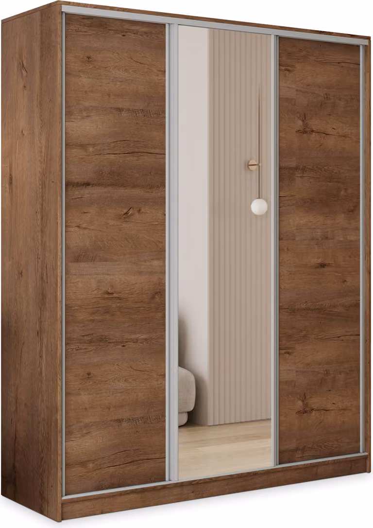 Armadio scorrevole Masseno TARI 160/205/58 cm Armadio con 4 cassetti Armadio per camera da letto a 3 ante con specchio Rovere Lefkas