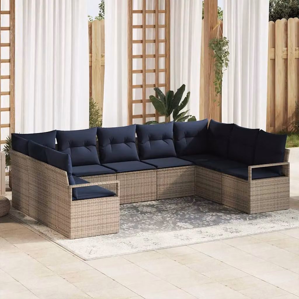 Set di divani da giardino vidaXL a forma di U composto da 7 pezzi in rattan con cuscini inclusi, colore grigio e blu